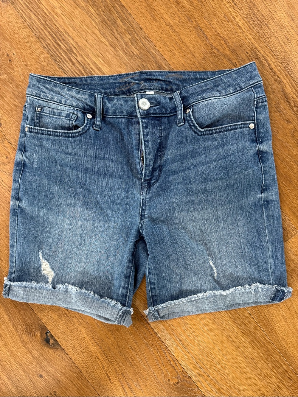 Seven7 Medium Blue Distressed Denim Roll Cuff Shorts